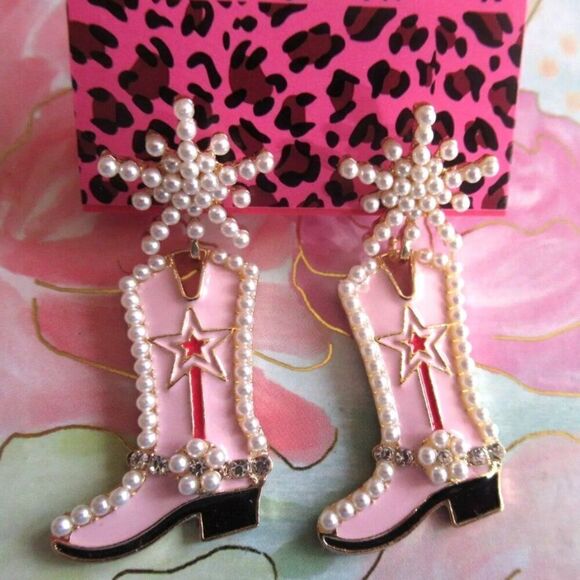 Pearl Enamel Cowboy Boot Earrings in Pink - Picture 7 of 10